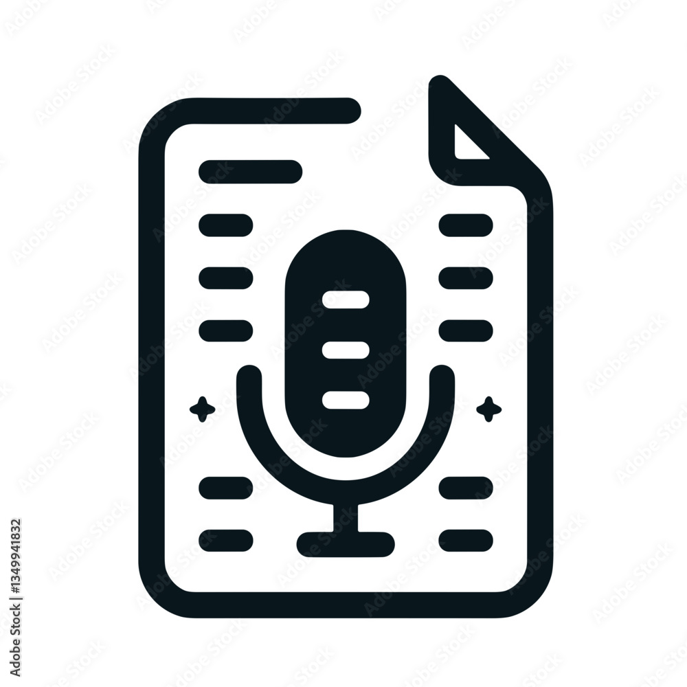 Poster document with a microphone representing audio content creation and presentation in a black and white
