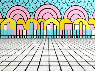 Vibrant street mural featu bold pastel pink, yellow, and blue arches in geometric patterns on a lively turquoise background