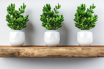 Three Lush Green Plants in White Vases on Light Wood Shelf Against White Wall in Sunlit Modern Kitchen Decor Style