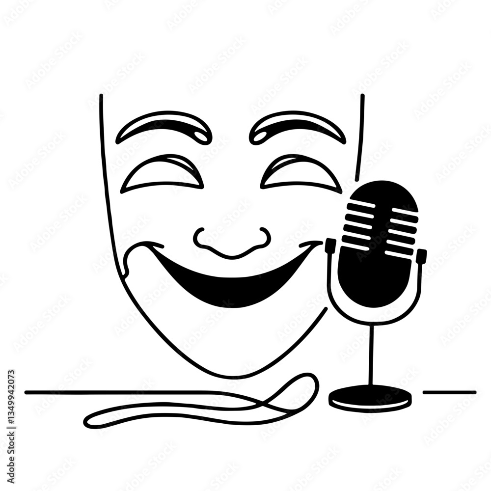 Poster smiling theater mask next to a microphone representing entertainment and expression in a black and w