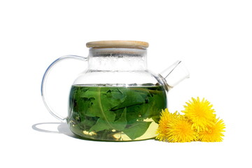 On a white background there is a teapot with a decoction of dandelion leaves.	