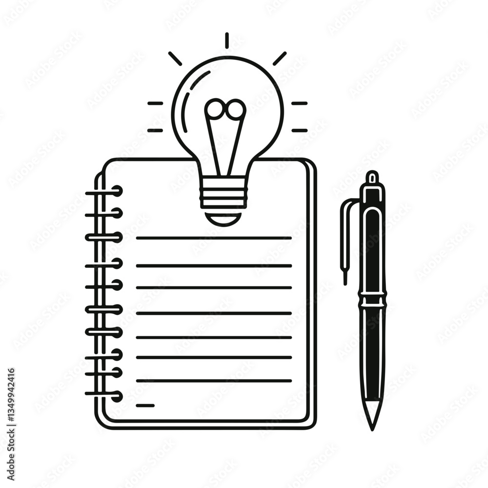 Poster notebook with a light bulb and pen representing ideas and creativity in a black and white design