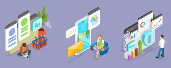 3D Isometric Flat Vector Illustration of Marketing and AI Technologies, Return on the Investment