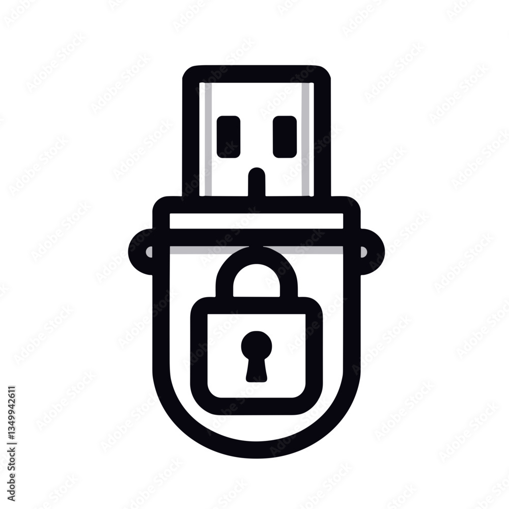 Poster usb drive secured with a padlock representing data protection and security in a black and white desi