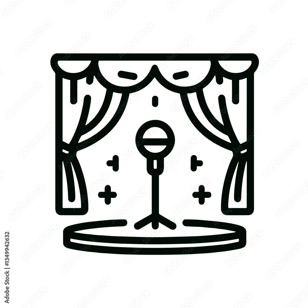 Poster stage with drapes and microphone representing performance and entertainment in a black and white des