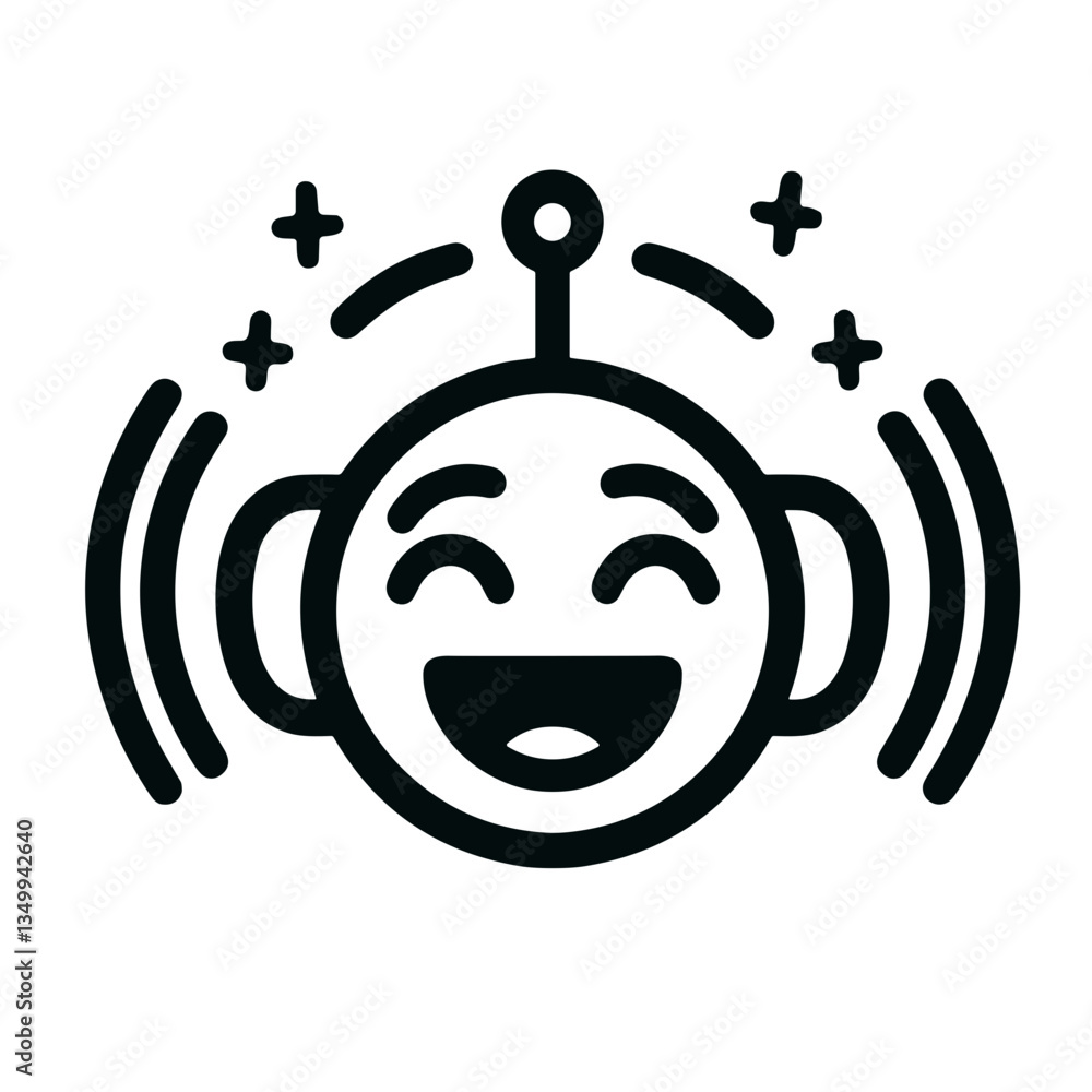 Poster smiling robot head with sound waves representing technology and fun in a black and white design