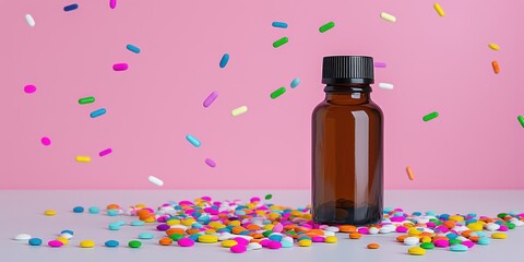 Brown bottle with essential oil design surrounded by colorful capsules and pills against a bright pink background setting