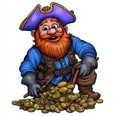 Jovial 2D Cartoon Pirate with Purple Tricorn Hat Joyfully Digging into Massive Pile of Gold Coins with Shovel Illustration