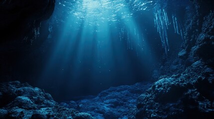 Obraz premium Submerged Secrets: Sunbeams pierce the surface of an underwater cavern, illuminating intricate rock formations and creating a mysterious atmosphere. 