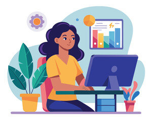 Fototapeta premium Businesswoman Working at Desk with Computer and Chart