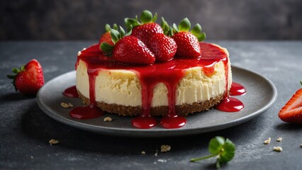 Round cheesecake with strawberry syrup and fresh strawberries topping on a plate with a simple gray background