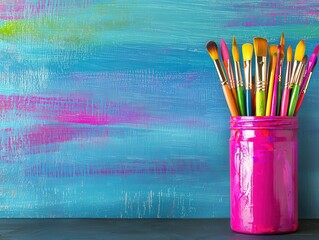 Vibrant pink jar filled with colorful paintbrushes set against a teal and pink textured backdrop for artistic inspiration 120 chars