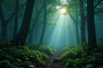 Fototapeta premium Misty forest with overgrown vegetation and dim light , abandoned, metal