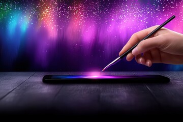 A hand glides a stylus across a glowing tablet screen creating vibrant aurora strokes in a dark atmospheric backdrop