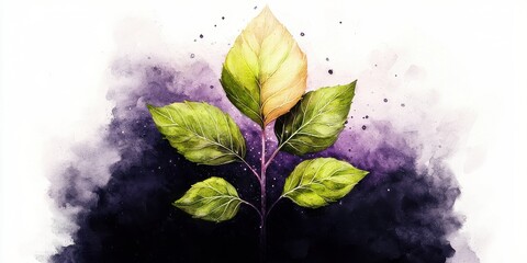 Luminous Watercolor Plant with Neon Leaf Veins Emerging from Smoky Dark Background Captivating Nature's Beauty Vividly