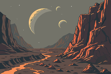 71 Alien landscape, rocky terrain, jagged cliffs, twin moons in sky, glowing embers, volcanic activity, barren planet, science fiction scene, dramatic lighting, distant planets, starry night, otherwor © Manik Mia