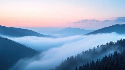 Obraz premium Mountain Majesty: A breathtaking panorama of mountain ranges shrouded in ethereal mist, painted with the soft hues of a twilight sky, evoking a sense of peace and awe.