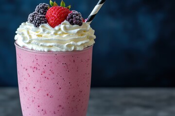 Luscious strawberry milkshake swirled like a sunset with whipped cream and fresh berries in a tall glass with striped design