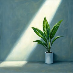 Lush green houseplant in minimalist white pot illuminated by gentle sunlight against a soothing muted teal background wall