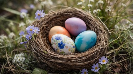 Obraz premium Colorful Easter eggs resting in a nest surrounded by wildflowers on a sunny spring day