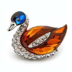Intricately designed garnet red-brown crystal duck brooch with clear crystal accents and a striking metallic blue head detail
