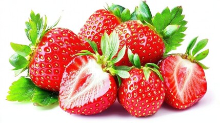 Fresh Ripe Strawberries Halved and Whole Cluster on White Background Highlighting Texture and Vibrant Red Color of Berries