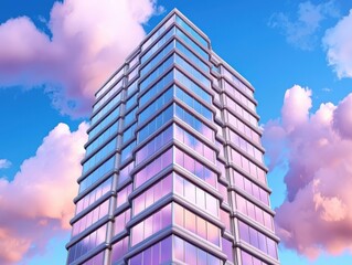 Solitary modern glass skyscraper reflecting twilight pastel hues amidst fluffy pink clouds in a serene urban landscape scene