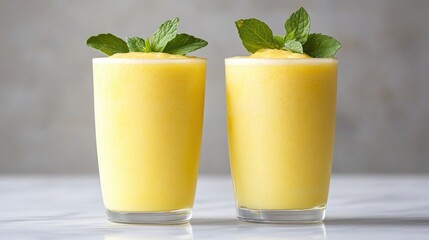 Two glasses of vibrant yellow smoothie, topped with fresh mint leaves.  Smooth and creamy texture