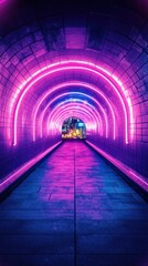 Vibrant neon tunnel illuminated in pink and blue lights at night in an urban setting
