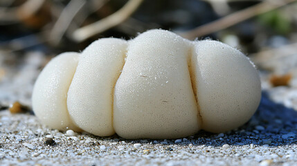 White ball of dog food placed on a clean surface under bright light with a focus on the texture and shape of the food in a pet-friendly setting.