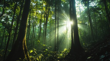 Obraz premium Sunlit Forest Canopy: A captivating view of the forest canopy, with sunlight piercing through the dense foliage creating beams of light. Emphasizing the magical, airy.