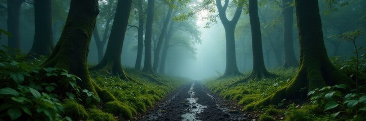 Naklejka premium Muddy forest with overgrown trees and misty atmosphere, mist, nature