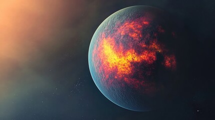 Celestial Inferno: A dynamic view of an alien planet, with continents ablaze in fiery hues, and clouds shrouding the rest, revealing a celestial body in an evocative and awe-inspiring depiction.