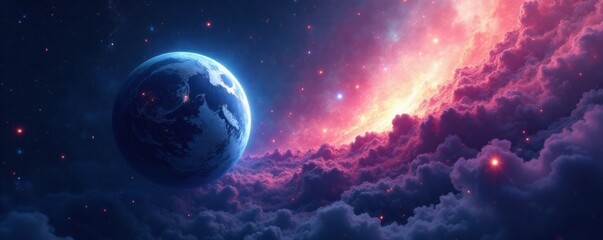 Obraz premium Mysterious abstract planet with swirling nebula and starry sky, mist, cloudy, swirl