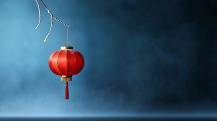 Red Lantern Hanging on Winter Branch - A red Chinese lantern hangs from a frost-covered branch against a dark blue background. A beautiful winter scene