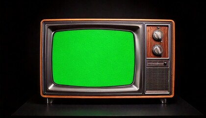 Vintage Old Television Set with a Green Screen Display on a Dark Black Background
