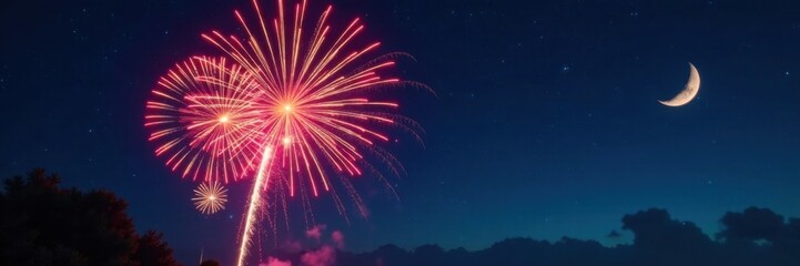 New Year's Eve fireworks display in a dark sky with stars and a crescent moon, Dark Sky, Explosive Colors