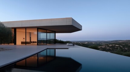 Obraz premium Modern concrete house with infinity pool, overlooking a scenic landscape. Large windows offering panoramic views