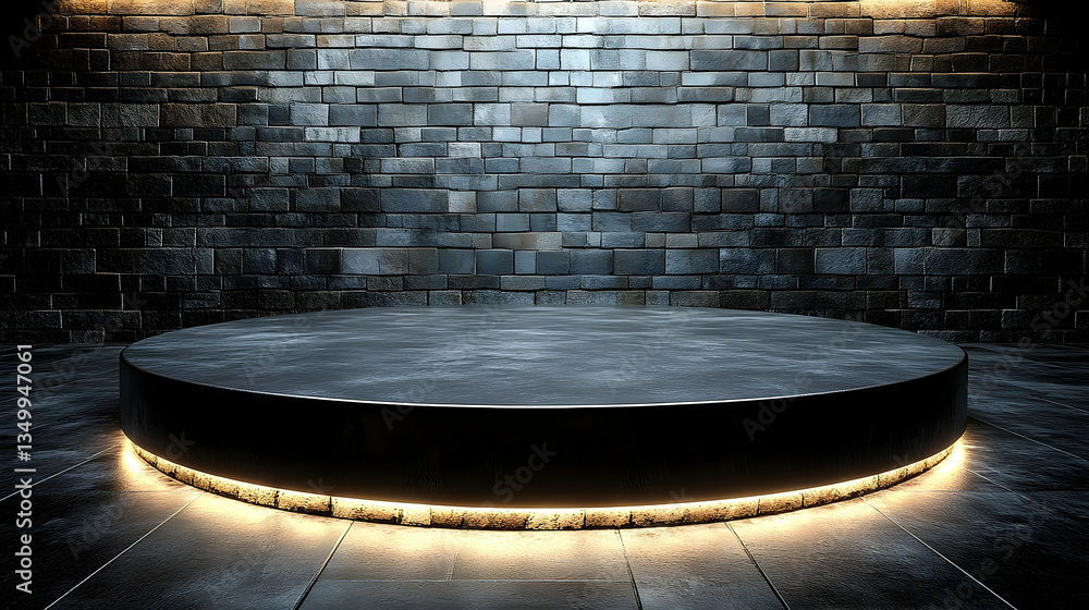 Poster dark, circular platform with subtle lighting against a rustic brick wall backdrop. ideal for product
