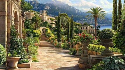 Obraz premium Mediterranean Garden Path with Mountains, Luxury Villas, and Ocean View
