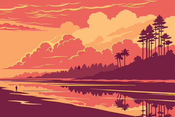 73 Vibrant sunset over calm beach, Dramatic orange and pink sky, Silhouetted trees on horizon, Perfect reflection in water, Moody clouds, Stunning landscape photography, Coastal scenery, Golden hour, 