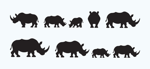 Fototapeta premium Minimalist Rhino Silhouette Set – Vector Black Rhino Icons on White Background