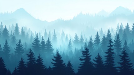 Obraz premium Mystical Forest: A misty, serene forest landscape with silhouetted evergreen trees and distant mountains creates a tranquil and enchanting atmosphere.