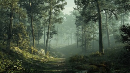 Fototapeta premium Whispers of the Forest: An evocative forest scene, where a winding path invites exploration, shrouded in a delicate mist that dances between ancient trees.