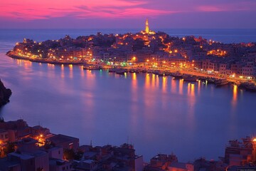 Nightfall over Coastal Town: A Serene Harbor View