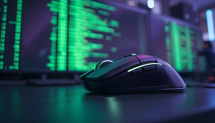 A close-up shot of a high-performance gaming mouse, featuring a dark gray/black color scheme and subtle green lighting accents.