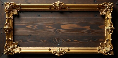 Ornate gold scroll frame with floral patterns and gilded details on a wooden background, vintage, elegant, interior