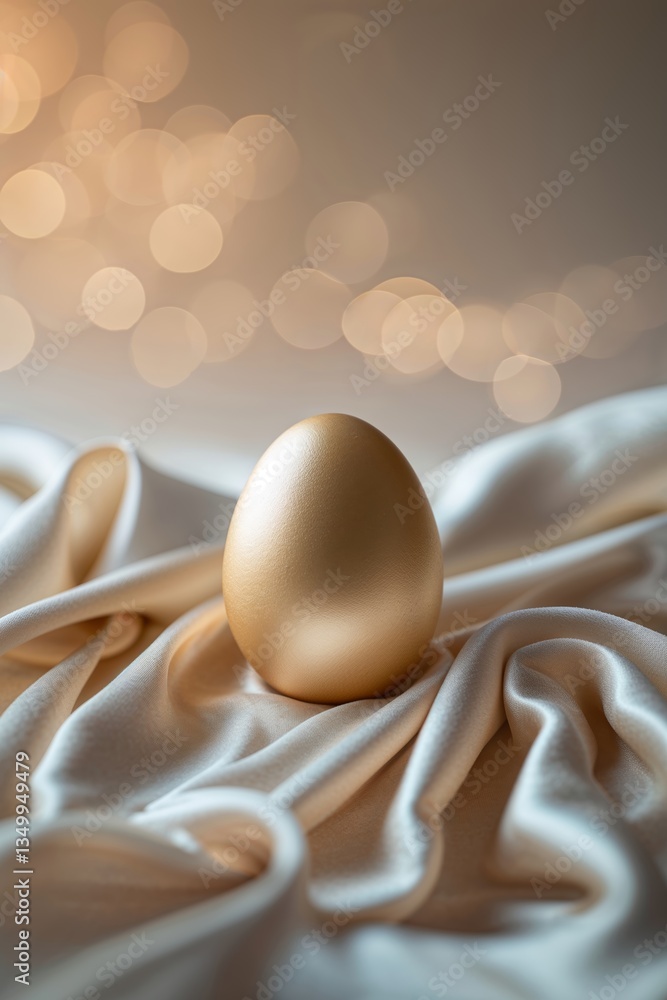 Aufkleber golden egg resting on silky fabric with soft bokeh lights in the background creating a warm ambiance