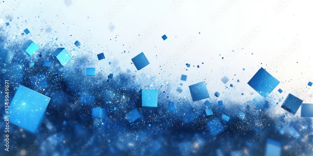 Poster abstract blue cubes floating in a sparkling background with gradient colors and dynamic movement eff