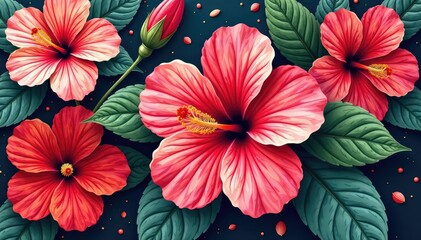 Obraz premium Large-scale hibiscus print, bold colors, stylized petals, graphic, leaf